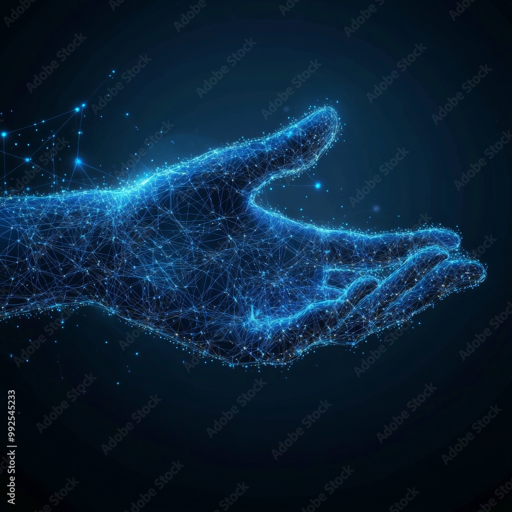 Aufkleber Hand and Big Data Connection Dots. Cloud Storage and AI Coding with Blue Network Connectivity