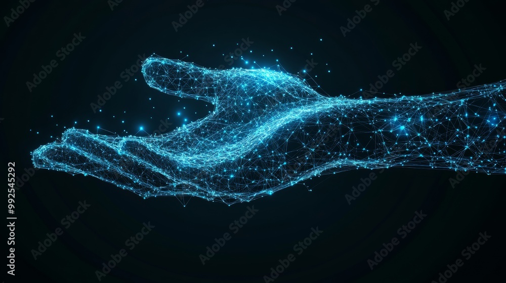 Poster Hand and Big Data Connection Dots. Cloud Storage and AI Coding with Blue Network Connectivity