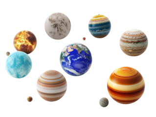 set of planets from the solar system, isolated against a transparent background