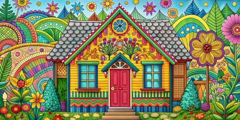 Obraz premium Coloring book house with vibrant colors and intricate details, children, coloring, book, house,vibrant, colors, colorful
