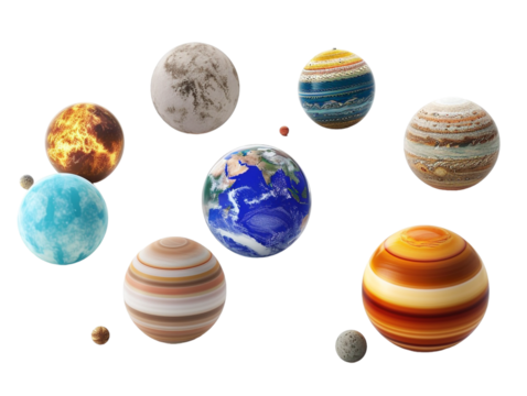set of planets from the solar system, isolated against a transparent background