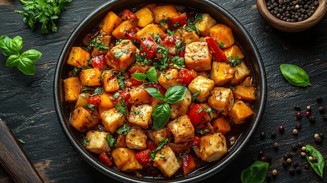 Colorful jackfruit vegetable stirfry served sleek bowl wooden table contemporary cooking class participant actively preparing learning about healthy recipe emphasizing benefit of plantbased meal