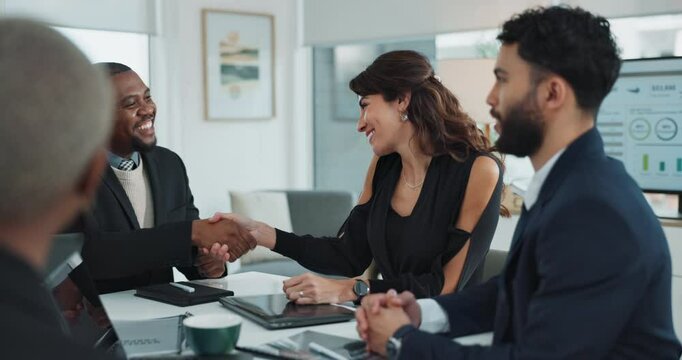 Business people, meeting and handshake for congratulations in office for sales deal or employee of the month. Finance team, applause and happy for new client onboarding, partnership and achievement