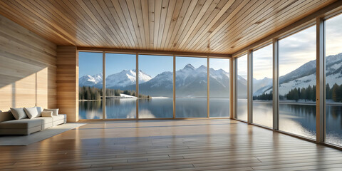 Fototapeta premium Minimalist wooden lakeside house interior with a view of snowy mountains , lakeside, house, interior, wooden, minimalist, snowy