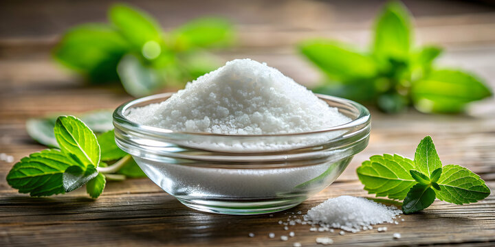 Close-up of Stevia granular sweetener in a glass bowl with selective focus , natural, sweetener, organic