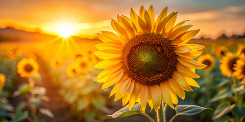 Obraz premium Close up of a sunflower's center glowing in the golden hour light, sunflower, close up, center, yellow, petals, nature