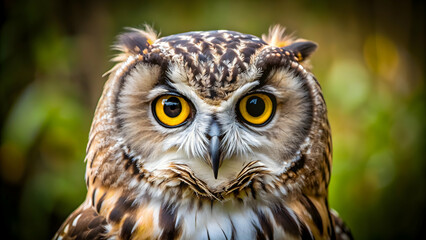 Obraz premium Close-up of an owl staring directly at the camera, owl, bird, wildlife, nature, predator, eyes, feathers, wild, close-up