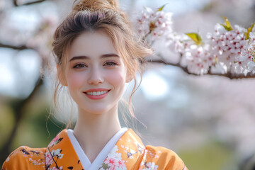 French woman wearing japanese kimono with cherry blossom background