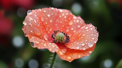 A beautiful orange poppy flower adorned with raindrops, showcasing vibrant colors and delicate petals in a natural setting.