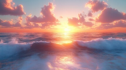 Fototapeta premium Serene ocean view at sunset, showcasing vibrant colors and waves.