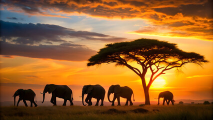 Fototapeta premium Silhouettes of five African elephants and tree at sunset near bush camp in Tanzania, african elephants, sunset, silhouettes