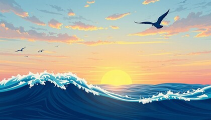 sea waves background with a birds and sunset illustration