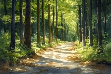 Obraz premium Watercolor painting of sunlight casting dappled shadows through a canopy of new leaves in a serene woodland path.
