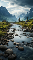 Stunning Mountain Landscape with Snowy Peaks, Serene River, Lush Trees, and Clear Blue Sky – Nature Scenery