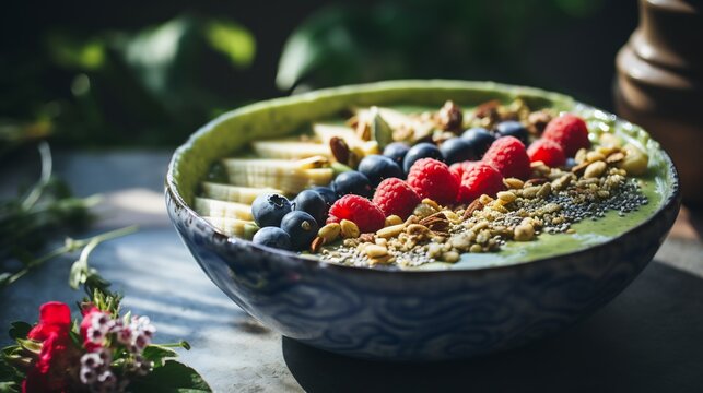 Creamy avocado smoothie bowl topped granola fresh berry chia seed served sunlit rooftop caf yoga mat detox smoothy softly blurred behind promoting fresh nutritious breakfast Scientific name Persea