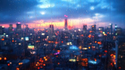 Fototapeta premium A rainy cityscape at dusk, with blurred lights and colors.