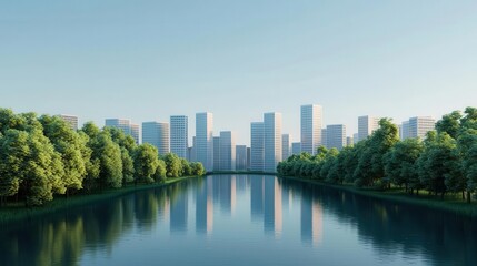 Clean riverside cityscape, sustainable urban development, 3D illustration