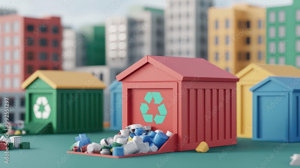 Wall mural recycling center, sorting materials for reuse, 3d illustration