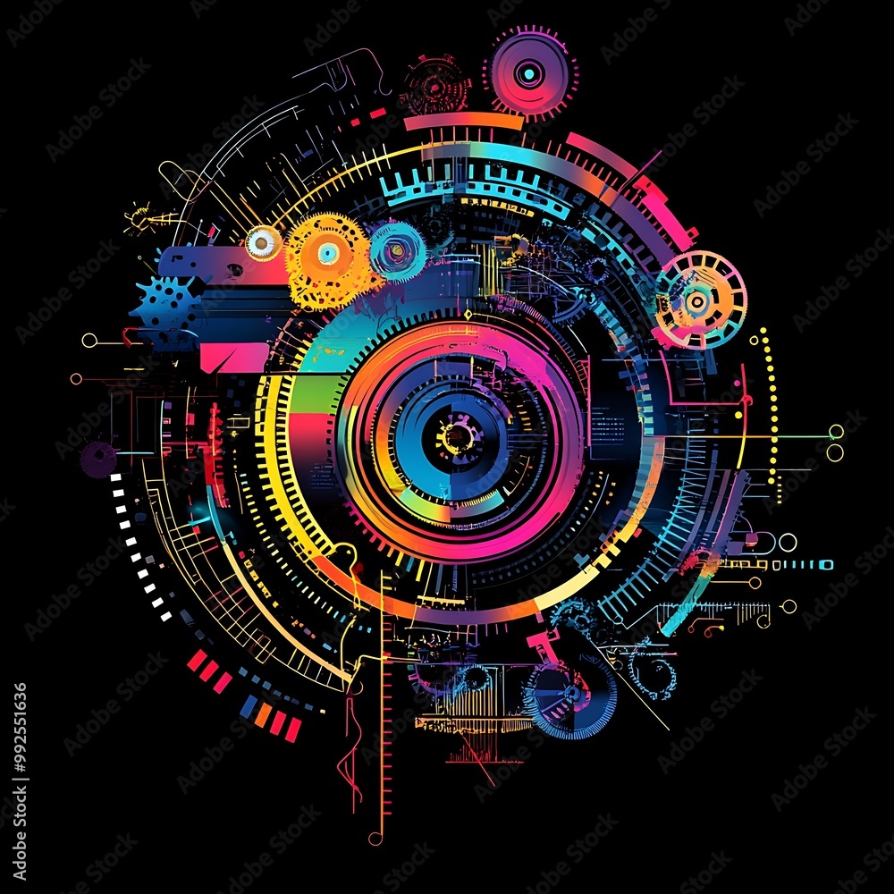 Poster Abstract Colorful Circular Design with Gears and Geometric Shapes