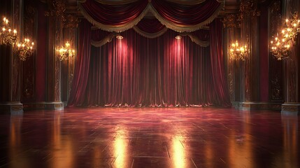 A baroque-style stage with smooth polished floors and ambient golden lighting, The burgundy curtains are heavy and ornate