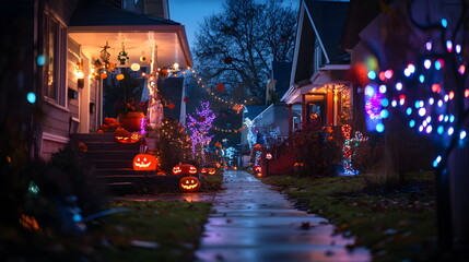 Festive Neighborhood Lights at Night