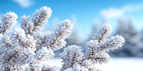 Close-up view of a snow-covered evergreen branch, revealing intricate details of the frost-covered needles against a soft blue sky