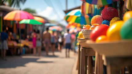 a vibrant street market, sampling local foods and shopping for souvenirs amidst colorful stalls. 