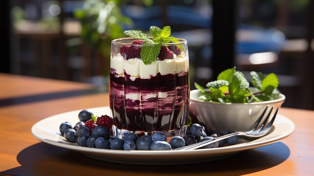 Decadent bilberry coconut parfait served geometric glassware sunlit outdoor brunch vibrant breakfast plate herbal tea softly glowing behind emphasizing fresh healthy start day Scientific name