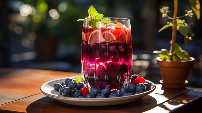 Decadent bilberry coconut parfait served geometric glassware sunlit outdoor brunch vibrant breakfast plate herbal tea softly glowing behind emphasizing fresh healthy start day Scientific name
