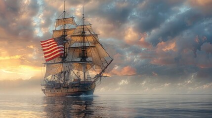 American Flag Ship Isolated on White for Columbus Day Celebration