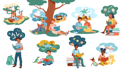 Happy children reading books flat color vector icon set. Kids with rich imagination enjoying stories illustration pack on white background