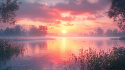 Serene sunset over a calm lake, reflecting vibrant colors.