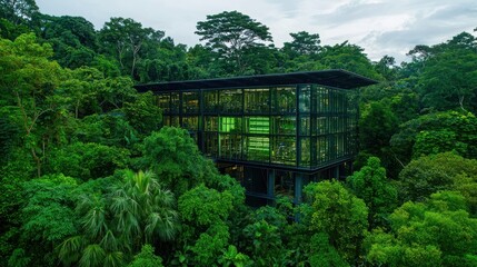 A modern glass house nestled in lush greenery, surrounded by vibrant tropical trees, showcasing harmonious architecture with nature.
