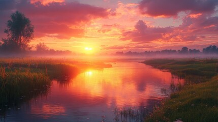 Serene sunset over a misty river with vibrant colors and reflections.