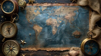 USA Labor Day Decorations on Rustic Table with Flag, Sailboat Map, and Compass