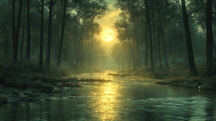 Fototapeta premium Serene forest landscape with a glowing sunset reflecting on water.