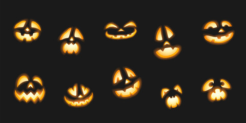 Naklejka premium Glowing carved Halloween pumpkins faces realistic color icons set. Spooky ghosts facial expressions 3d objects illustration collection