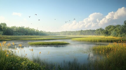 Serene Wetlands Under Clear Blue Sky