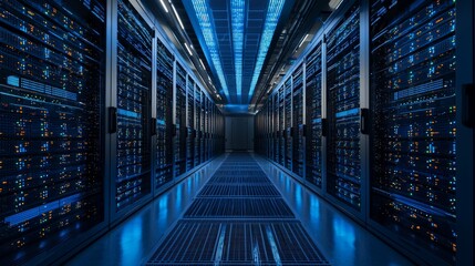 Obraz premium A data warehouse with rows of servers, representing the storage and management of massive datasets