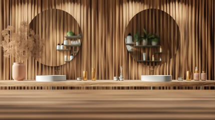 Obraz premium Countertop made of wood against the background of a beauty salon for the product. Empty tabletop with mirrors and chairs in modern interior. Mockup for presentation of cosmetics