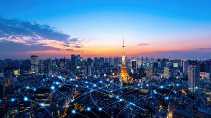 Vibrant Cityscape with Network Connections at Sunset