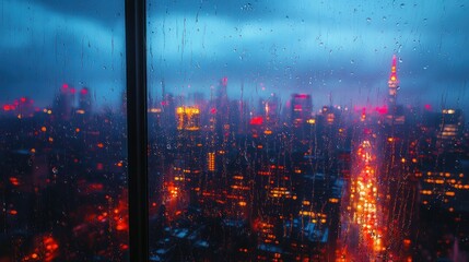 Fototapeta premium Cityscape view through a rain-soaked window at dusk.