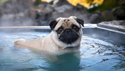 Obraz premium Pug Relaxing in Hot Springs