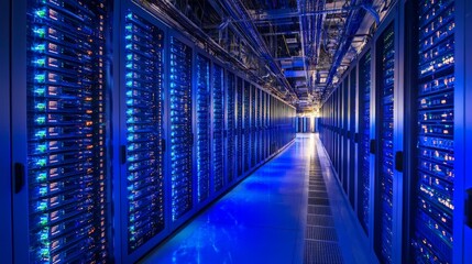 Obraz premium A data warehouse with rows of servers, representing the storage and management of massive datasets