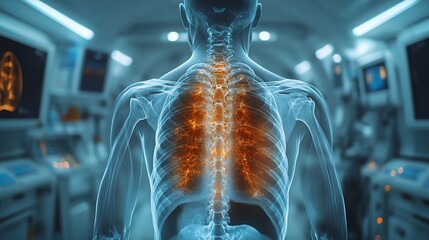 A 3D rendered image of a human skeleton with highlighted spine and rib cage.