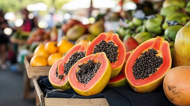 Display of whole and halved papayas at a farmers market with other fresh produce in the background capturing the essence of organic and fresh living Scientific name Carica papaya