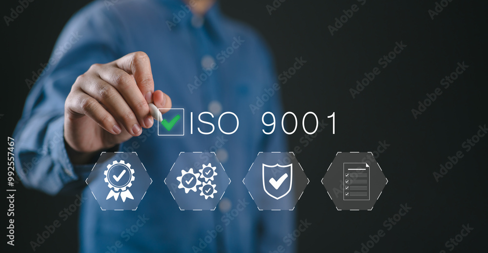 Aufkleber person touching iso 9001 icon for quality management of organizations. iso 9001 standard certificati