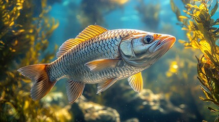 Obraz premium Close-up of a Carp Swimming Past Aquatic Plants in a Sunlit Body of Water