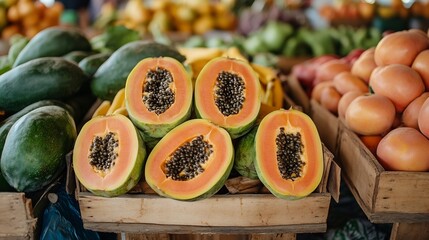 Display of whole and halved papayas at a farmers market with other fresh produce in the background capturing the essence of organic and fresh living Scientific name Carica papaya
