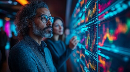 Obraz premium Diverse group of data analysts reviewing big data visualizations on large screens in a high-tech office, focused on collaboration and analysis